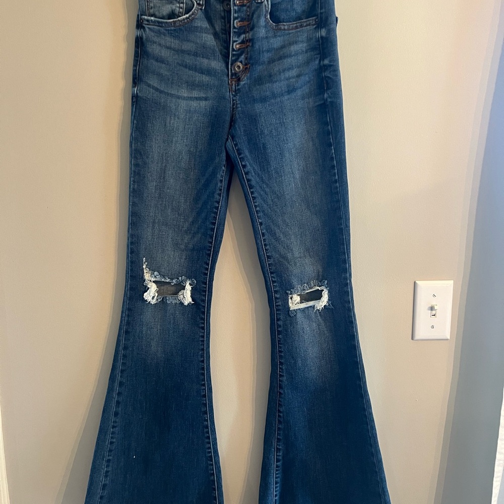 Sneak Peek Distressed Flare Jeans in Deep Blue